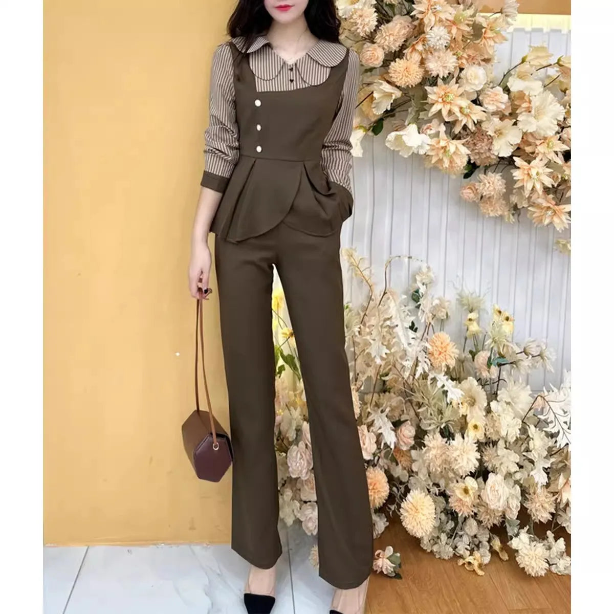 Fashion Ladies Set Office Clothes Autumn New Retro Slim Doll Collar Stripe Spliced Shirt Top Straight Pants 2-Piece Suit Women