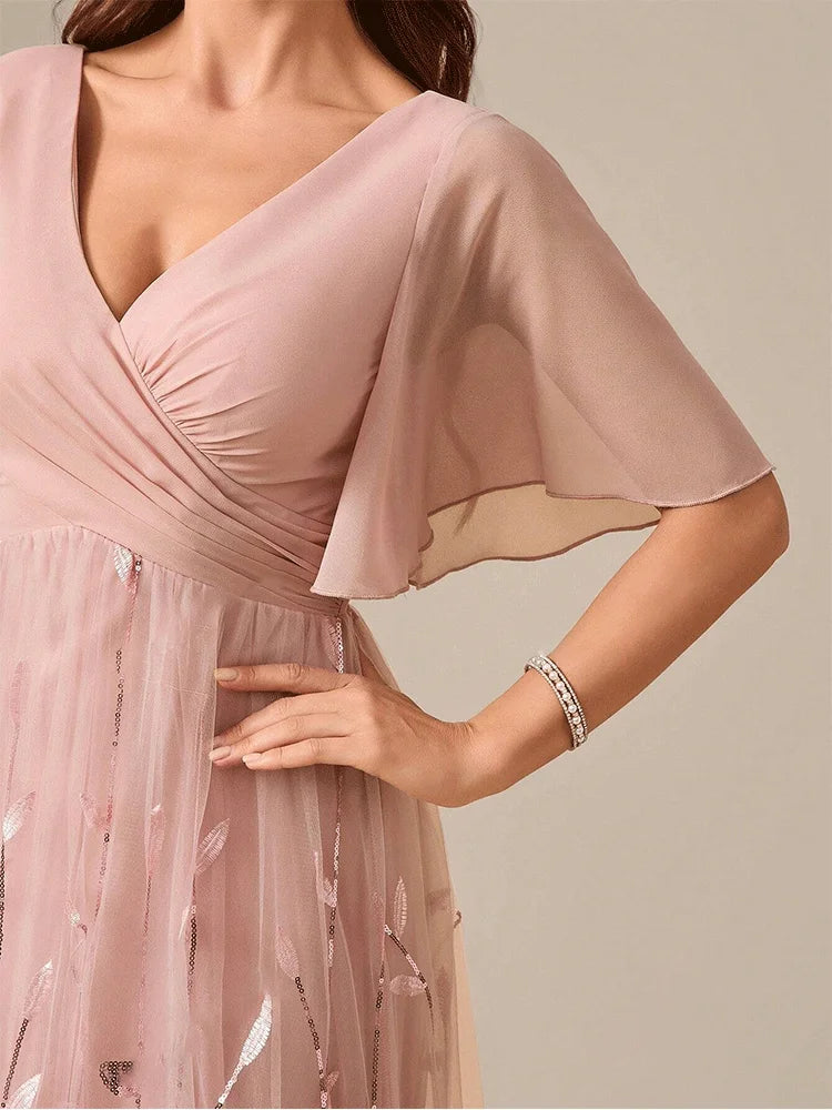 Pink V-Neck Shiny Sequins Floor-Length Short-Sleeved Bridesmaid Luxury Evening Dress Ladies Pink Chiffon Bridesmaid Dress