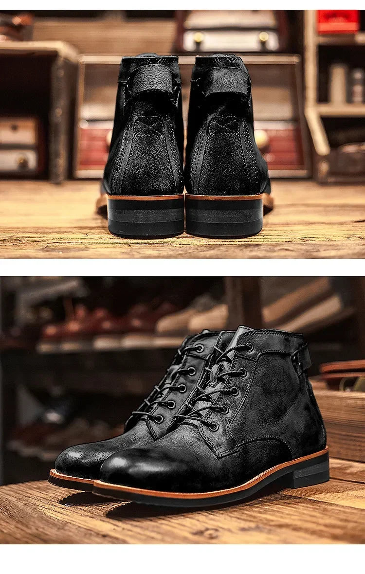 Motorcycle Boots American Casual Leather Shoes Men's UK Style Retro Work Shoes Men Big Head Lace Up Ankle Boot Plus Size Male