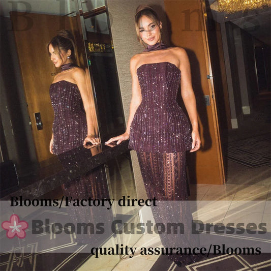 Blooms Strapless Sequin Tulle Lace Elegant Evening Dress with Cape Purple Customized Formal Party Gown 2 Piece See Through