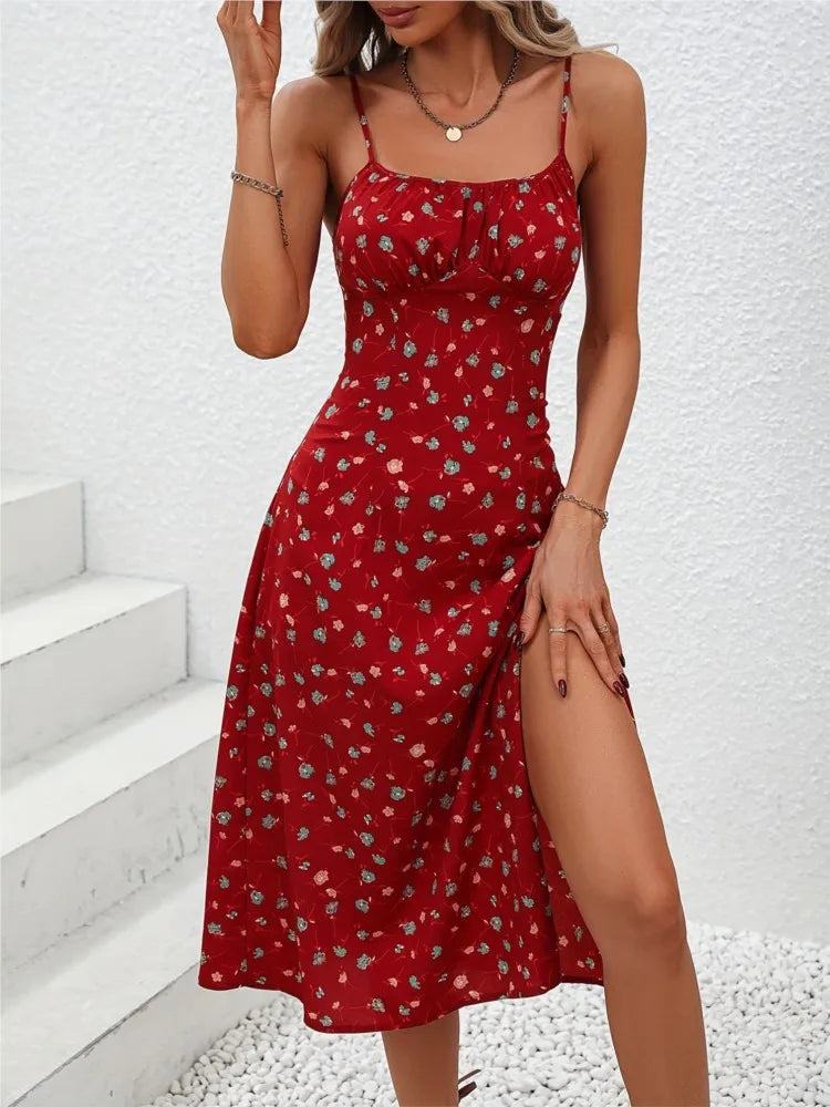 2024 Summer Sexy Spaghetti Straps Dress Women Fashion Polka Dot Print Sleeveless Slit Dress Boho Casual Beach Midi Dresses