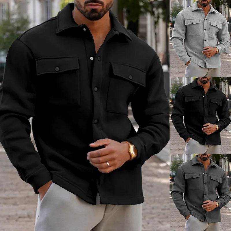 2024 new autumn and winter casual men's warm plush lapel top pocket single-breasted solid color slim fashion jacket outer suit