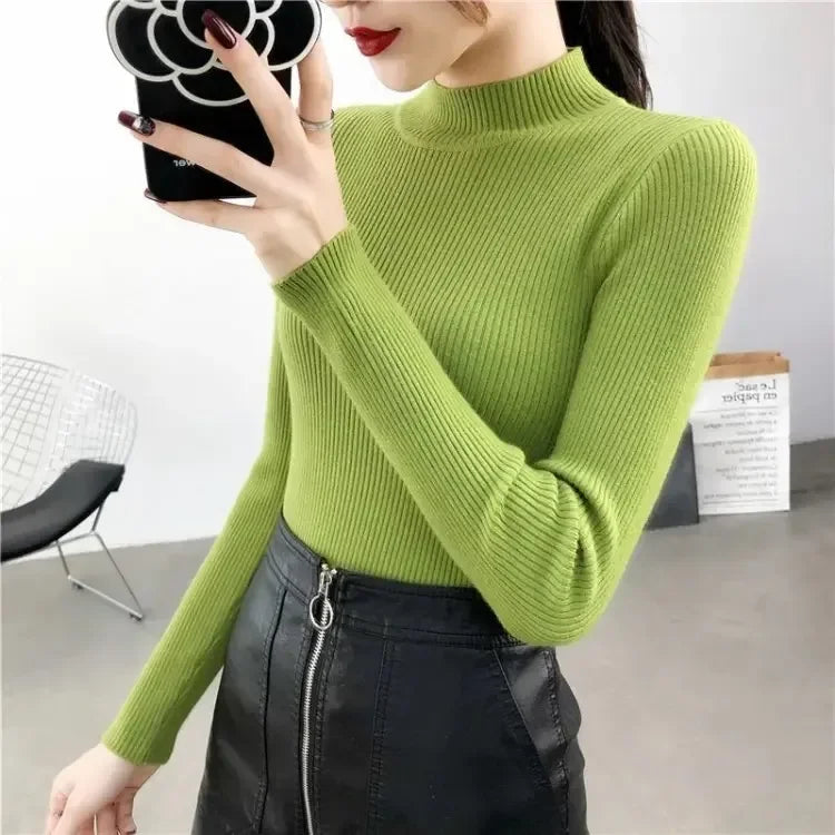 Red Knitted Sweater Women Pullovers Slim Fit Stand Collar Long Sleeve Spring Autumn Basic Sweaters Female Casual Stripes Tops