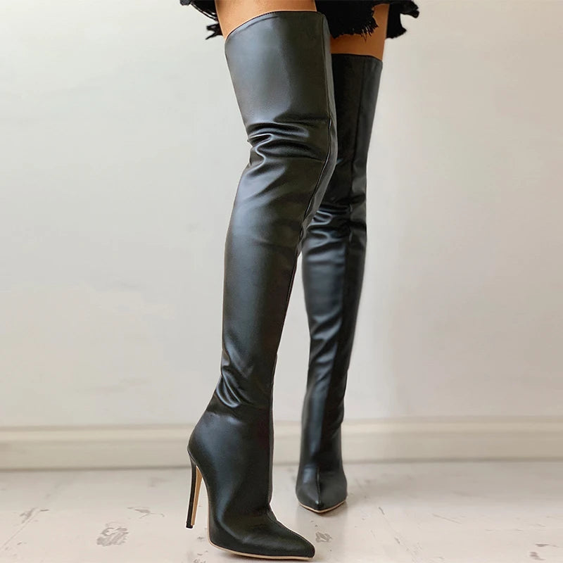 High Heels Red Women Over The Knee Boots With Back Zip Pointed Toe Big Size 46 Stiletto Thigh High Boots Lady Shoes