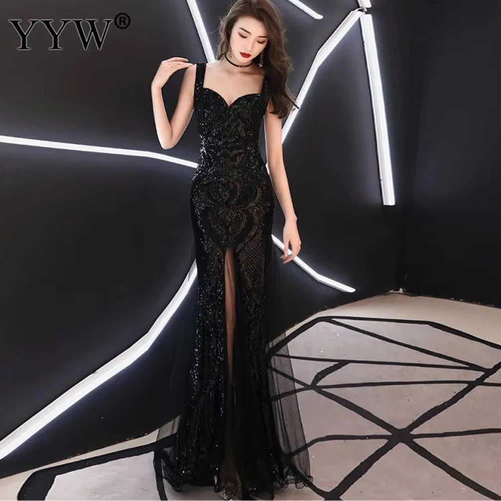 Shinny Gold Sequined V Neck Sleeveless Elegant Evening Dresses Sexy Robe De Soiree Formal Dress Luxury Mesh Club Party Vestidos