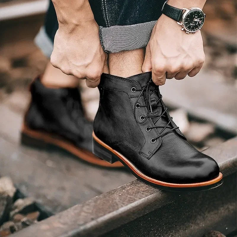 Motorcycle Boots American Casual Leather Shoes Men's UK Style Retro Work Shoes Men Big Head Lace Up Ankle Boot Plus Size Male