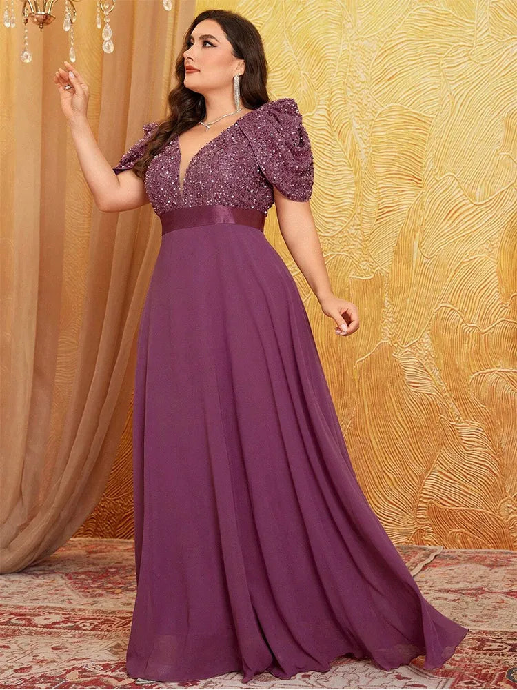 Plus Size V Neck Puff Sleeve Sparkling Evening Dress 4XL 5XL Big Size Lotus Pink Luxury Wedding Banquet Bridesmaid Prom Gown