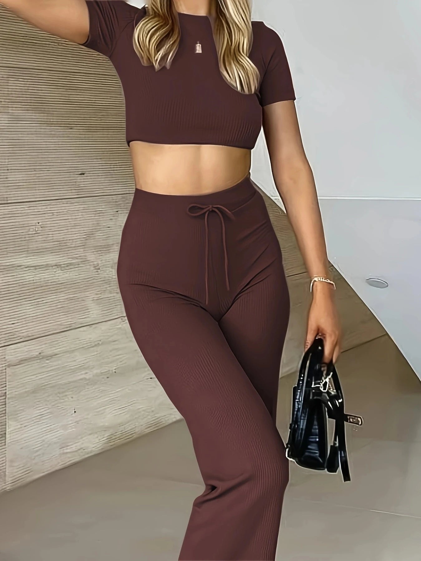 New Women's Solid Color Crop Sexy Open Umbilium Fashion Casual Pocket Slim Fit Pants Set 2 Piece Set Women