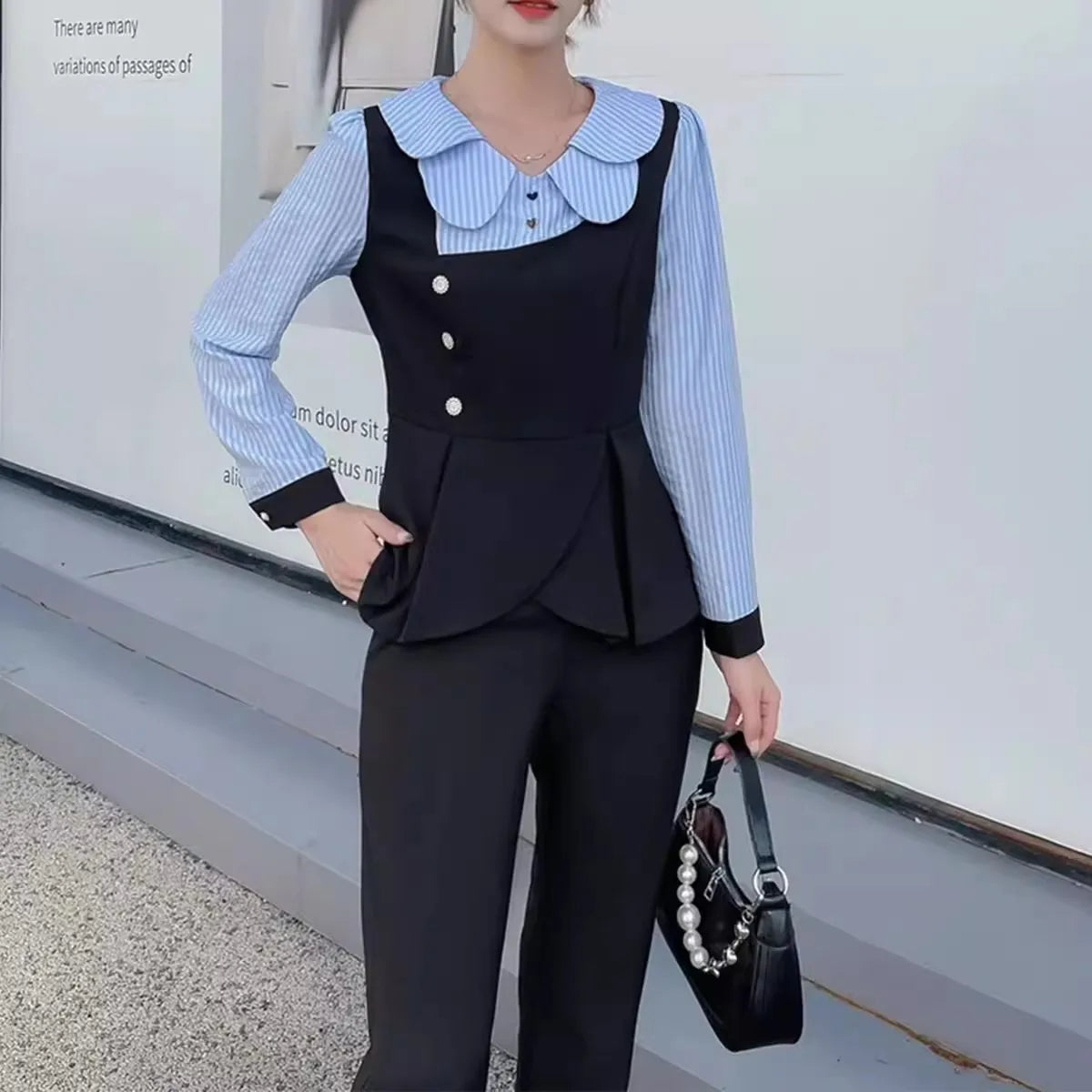 Fashion Ladies Set Office Clothes Autumn New Retro Slim Doll Collar Stripe Spliced Shirt Top Straight Pants 2-Piece Suit Women