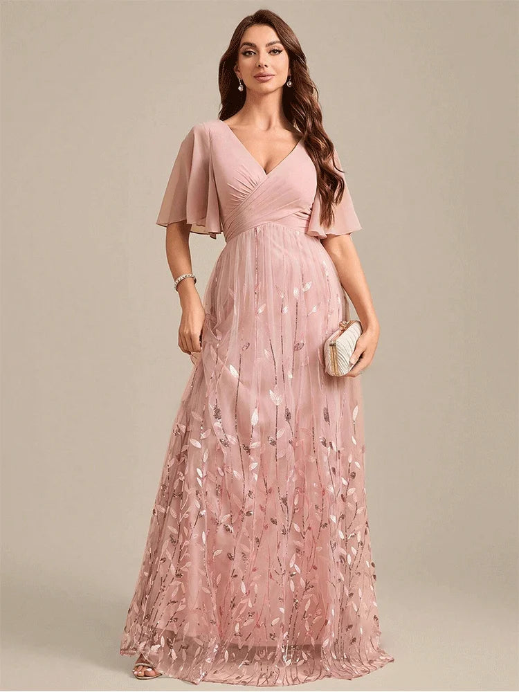 Pink V-Neck Shiny Sequins Floor-Length Short-Sleeved Bridesmaid Luxury Evening Dress Ladies Pink Chiffon Bridesmaid Dress