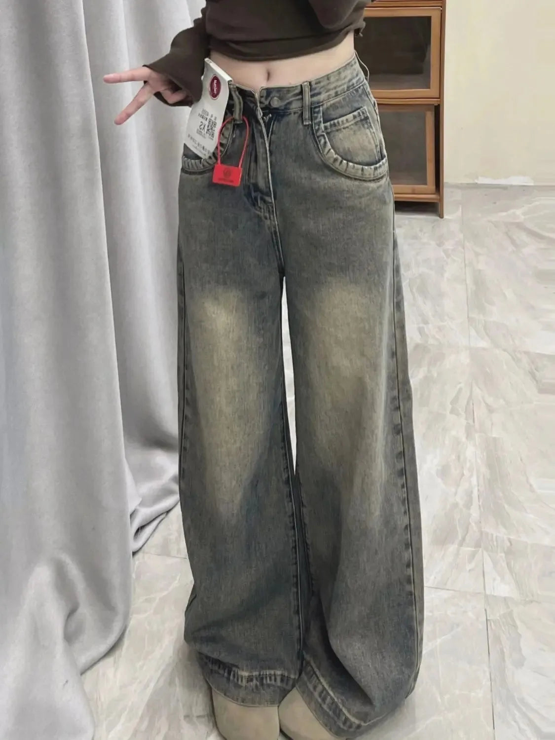 Vintage Distressed Wide-leg Jeans Women's Spring Summer New Loose-fit Slimming Draped Versatile Trailing Straight-leg Trousers