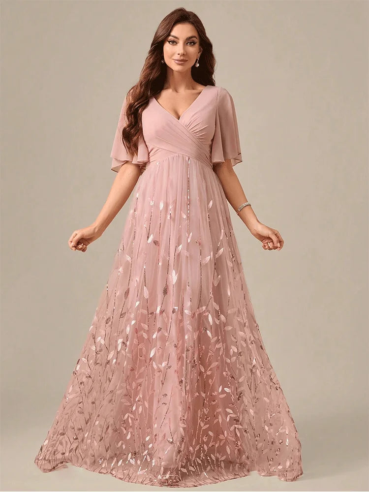 Pink V-Neck Shiny Sequins Floor-Length Short-Sleeved Bridesmaid Luxury Evening Dress Ladies Pink Chiffon Bridesmaid Dress