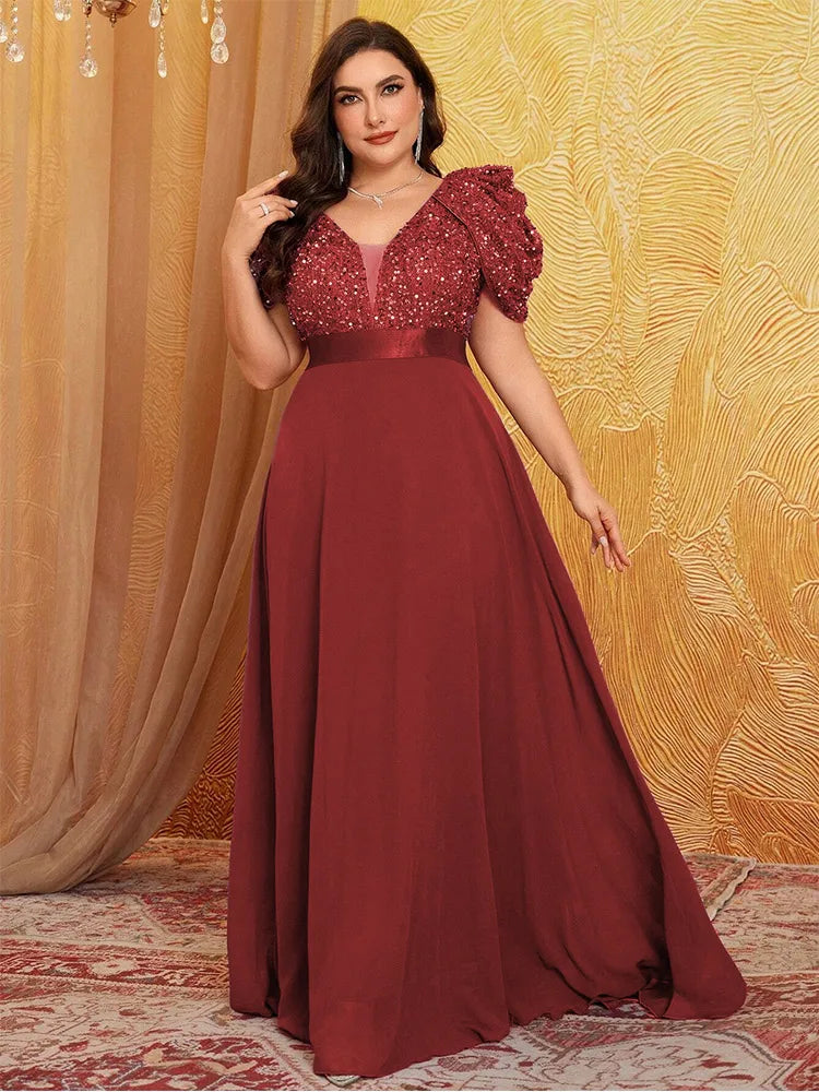 Plus Size V Neck Puff Sleeve Sparkling Evening Dress 4XL 5XL Big Size Lotus Pink Luxury Wedding Banquet Bridesmaid Prom Gown