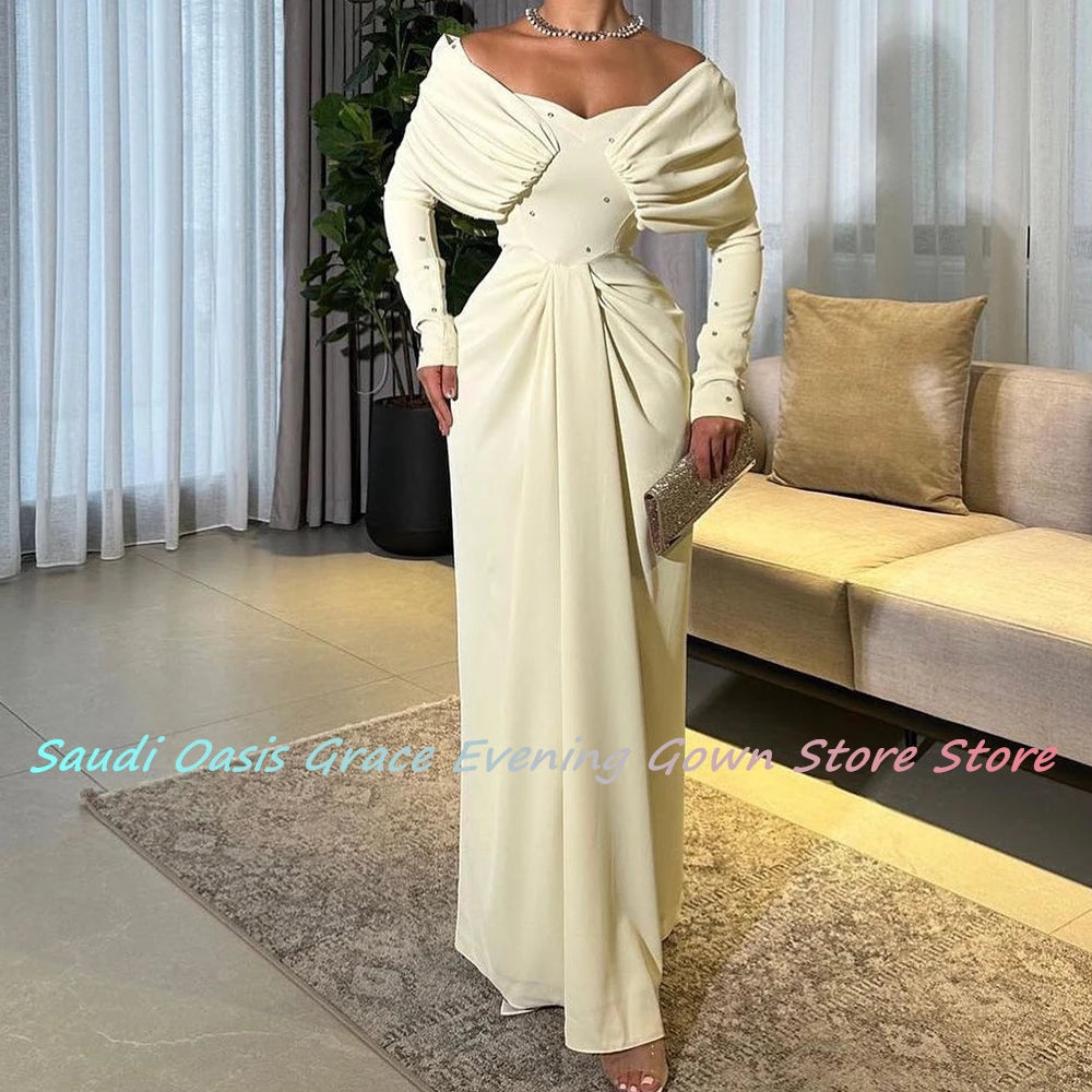 Customized Light Yellow Jersey and Sparkly Crystal Evening Dress with Off the Shoulder Long Sleeves Classic Strapless Party Gowm