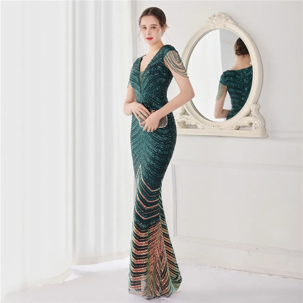 DEERVEADO Elegant V Neck Mermaid Evening Dress Long Luxury Beads Women Evening Party Dresses 2023 New Formal Dress 19085