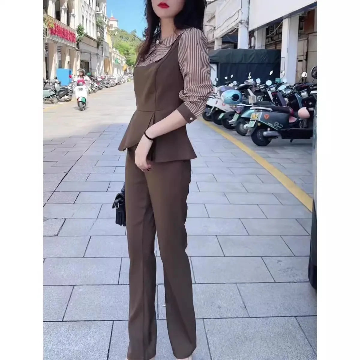 Fashion Ladies Set Office Clothes Autumn New Retro Slim Doll Collar Stripe Spliced Shirt Top Straight Pants 2-Piece Suit Women