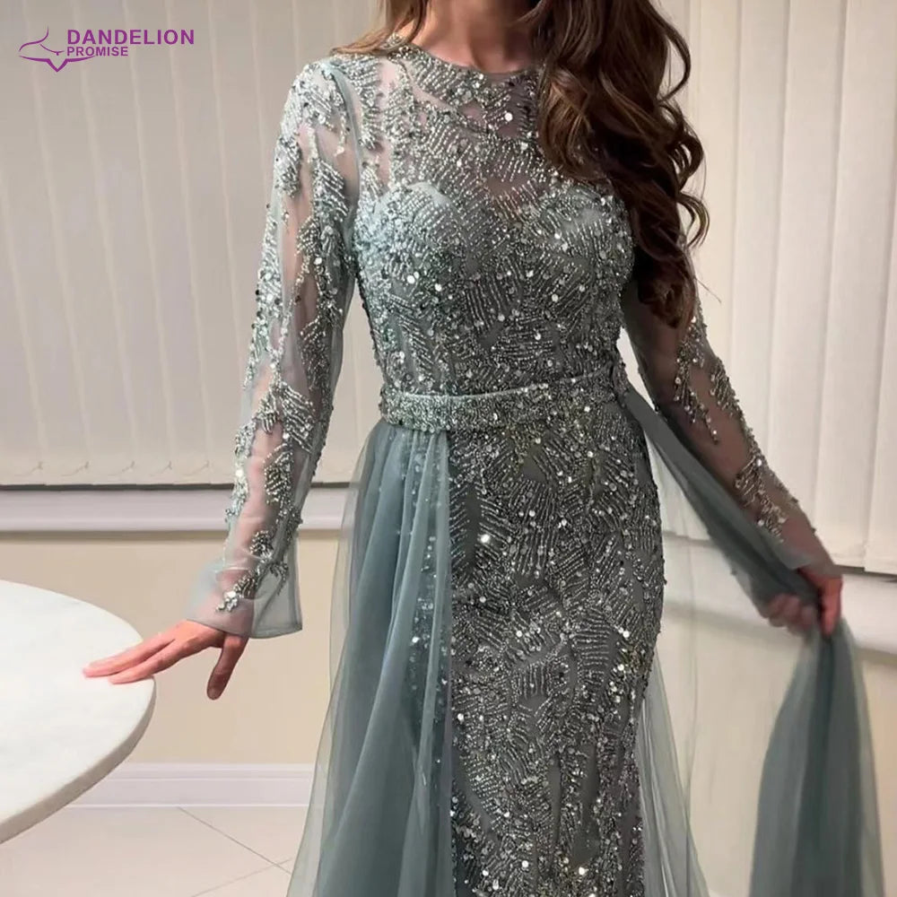 Luxury Mermaid Elegant Long Sleeves Beaded Arabic Evening Dresses O-Neck Tulle Overskirt Gowns For Women 2024 Wedding Party