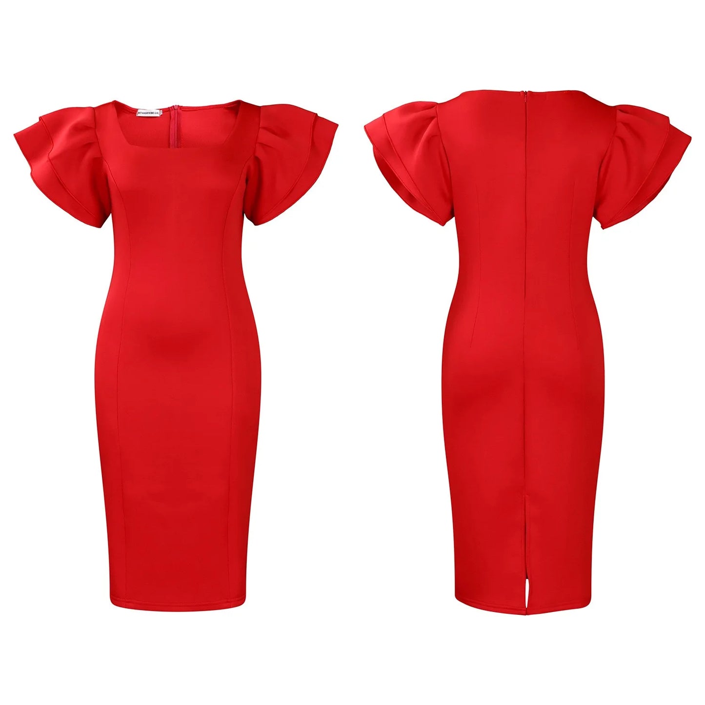 Elegant Bodycon Dresses for Women Square Neck Ruffles Sleeve Sheath Package Hips Mid Calf Professional Business Work Dress Midi