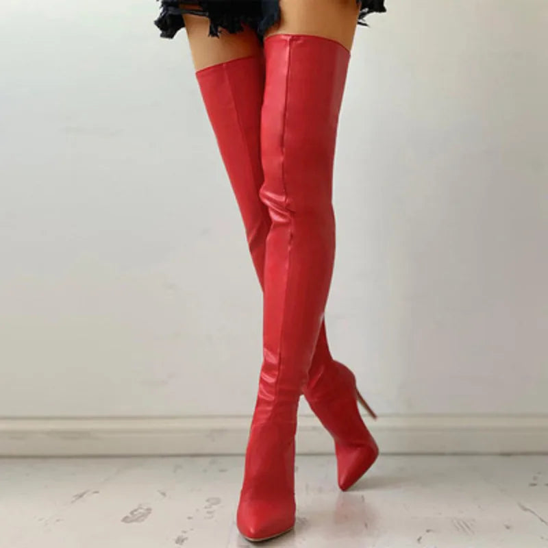 High Heels Red Women Over The Knee Boots With Back Zip Pointed Toe Big Size 46 Stiletto Thigh High Boots Lady Shoes