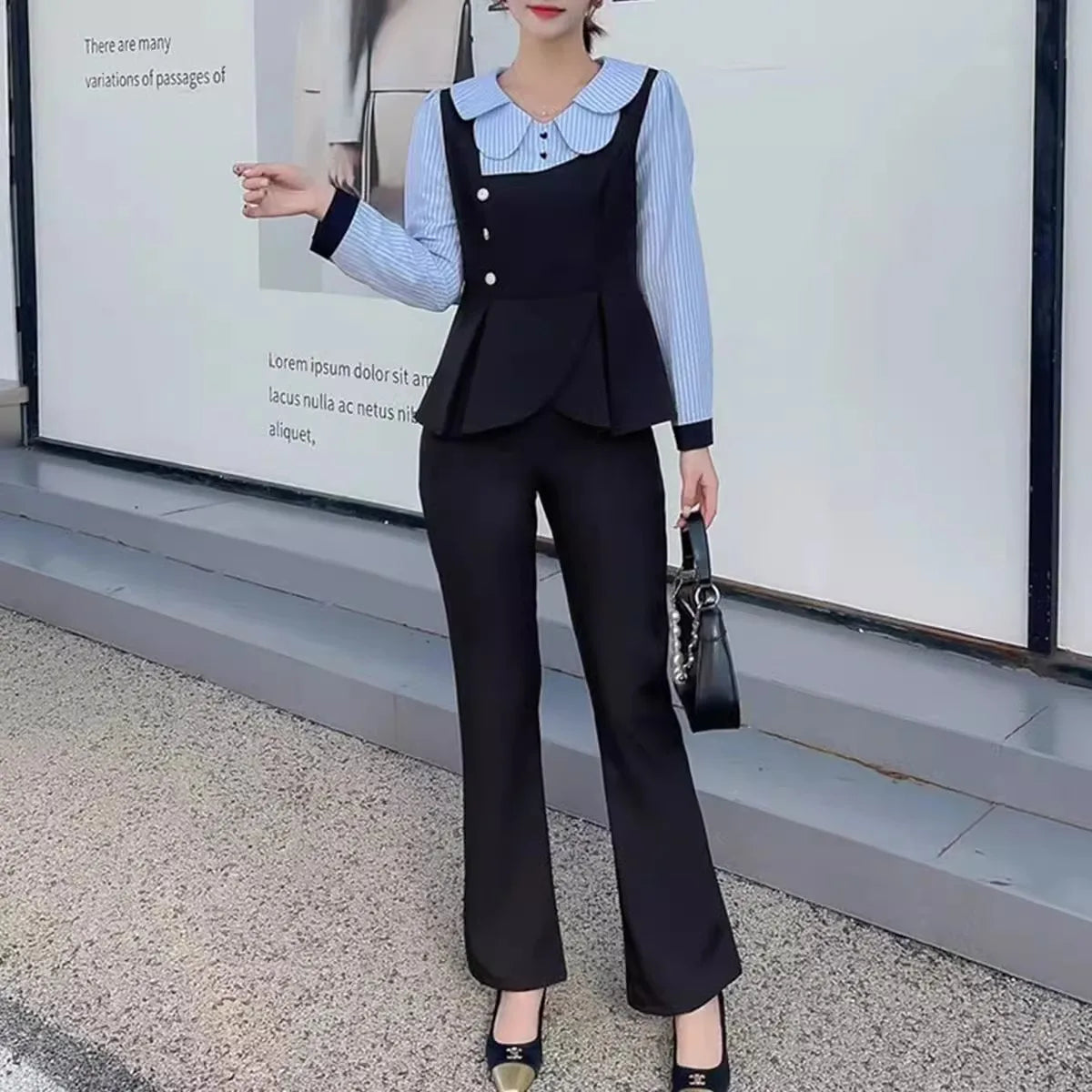 Fashion Ladies Set Office Clothes Autumn New Retro Slim Doll Collar Stripe Spliced Shirt Top Straight Pants 2-Piece Suit Women