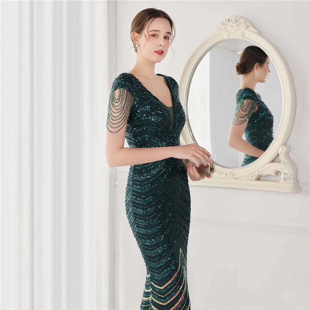 DEERVEADO Elegant V Neck Mermaid Evening Dress Long Luxury Beads Women Evening Party Dresses 2023 New Formal Dress 19085