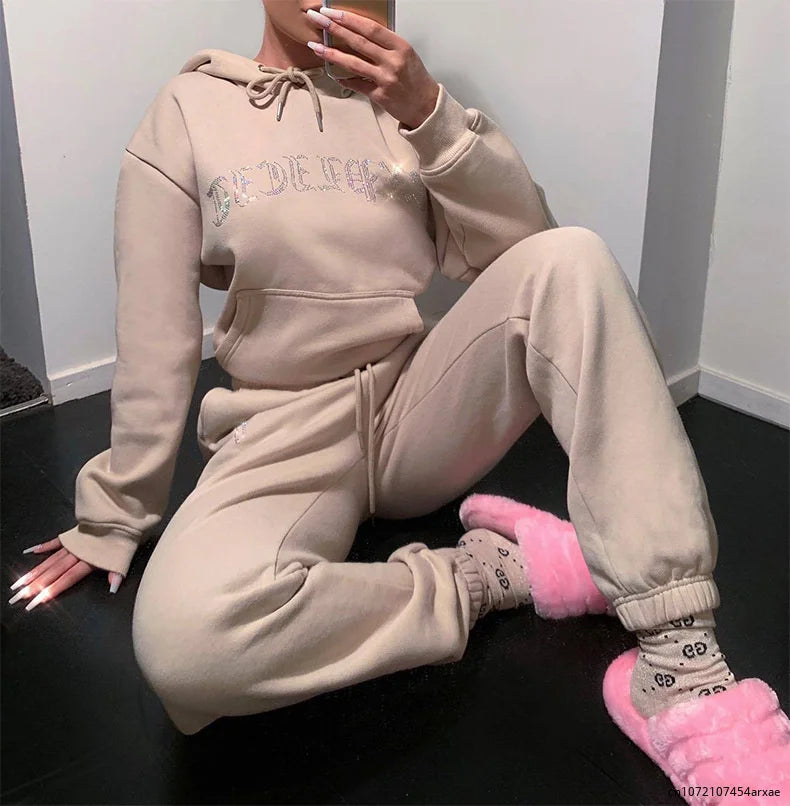 Women's High Waist Two Piece Set Suits Winter Velvet Hoodies Autumn Jogging Sport Loose Thick Sweatpants y2k Tracksuit Femme