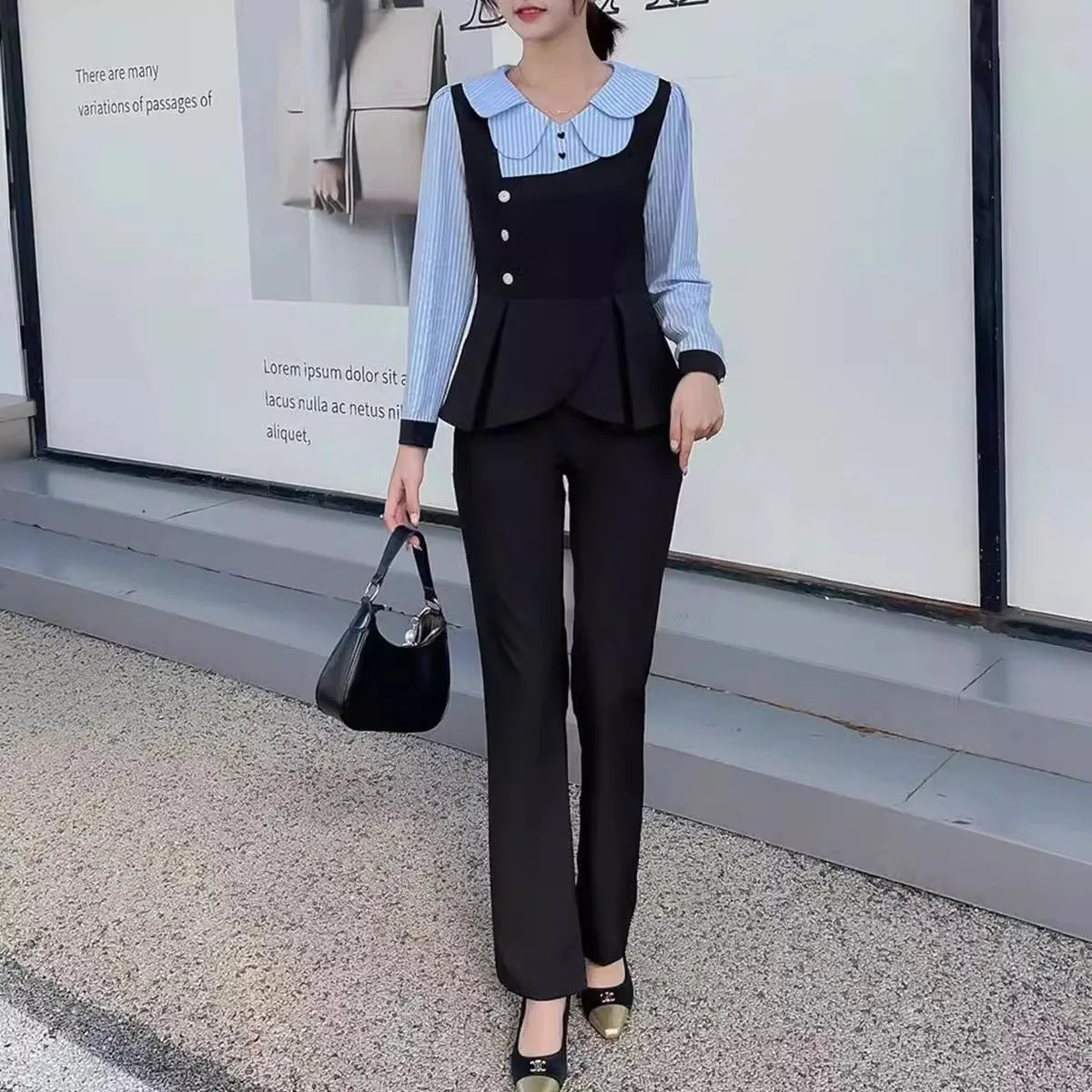 Fashion Ladies Set Office Clothes Autumn New Retro Slim Doll Collar Stripe Spliced Shirt Top Straight Pants 2-Piece Suit Women