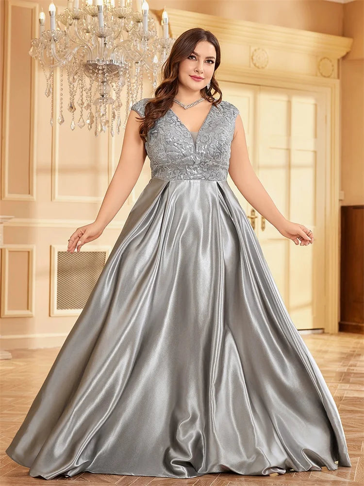 XUIBOL Plus Size Luxury Grey Satin V-Neck Evening Dress Elegant 2024 Women Wedding Party Prom Floor Lenght Cocktail Dress