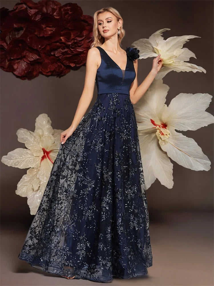 Lucyinlove Elegant V-Neck Blue Floral Evening Dress Long 2024 Luxury Women Chiffon Sleevesless Party Dress Prom Cocktail Dress