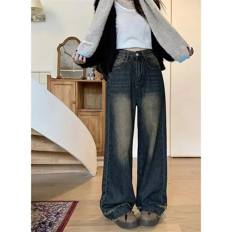 Vintage High-waisted Plus-size Jeans Women's Loose-fit Straight-leg Wide-leg Dragged Pants Autumn/winter Season