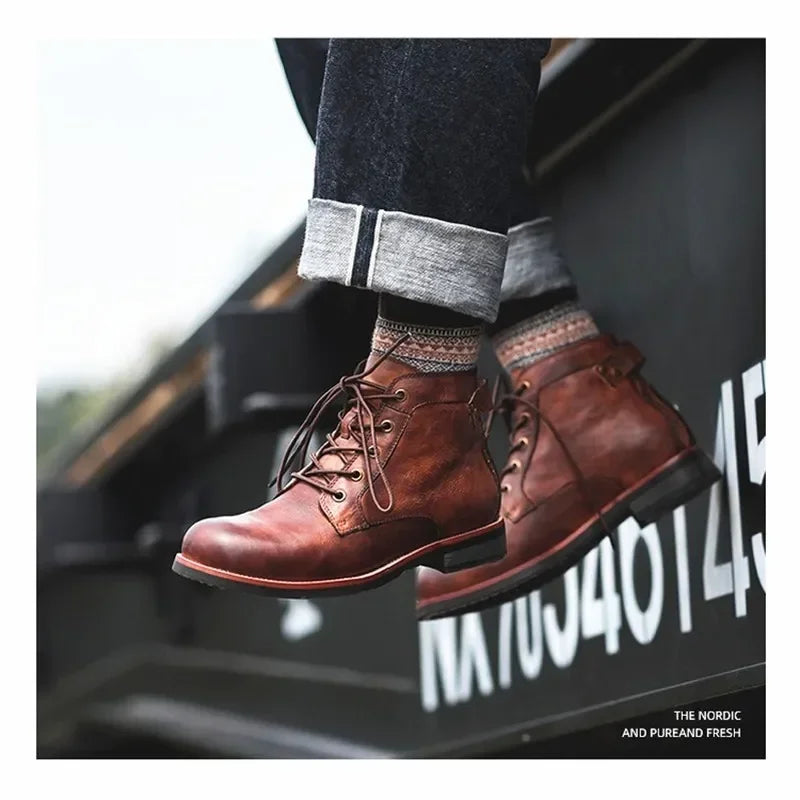 Motorcycle Boots American Casual Leather Shoes Men's UK Style Retro Work Shoes Men Big Head Lace Up Ankle Boot Plus Size Male