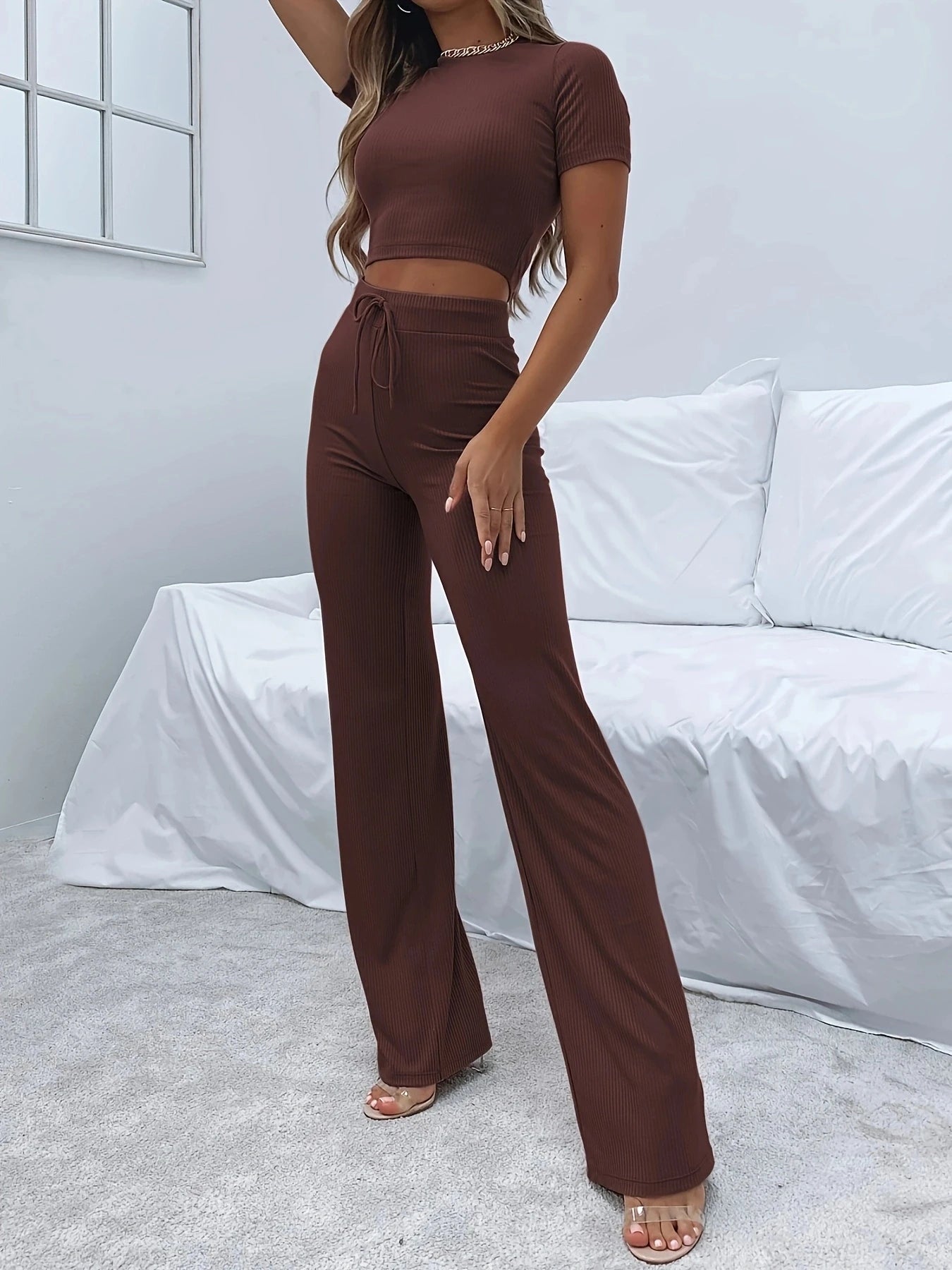 New Women's Solid Color Crop Sexy Open Umbilium Fashion Casual Pocket Slim Fit Pants Set 2 Piece Set Women