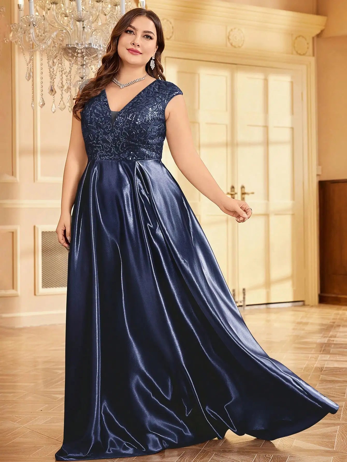 XUIBOL Plus Size Luxury Grey Satin V-Neck Evening Dress Elegant 2024 Women Wedding Party Prom Floor Lenght Cocktail Dress