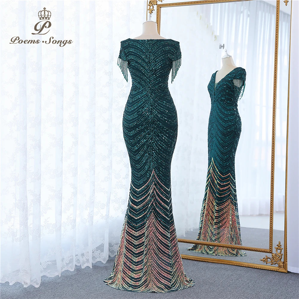 New green Short Sleeve Beaded style mermaid evening dresses vestidos formales vestidos de fiesta robe de soiree de mariage