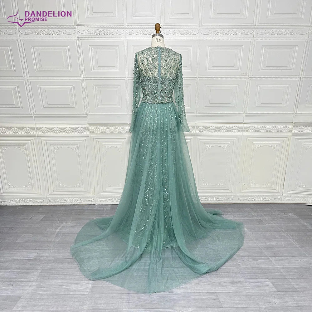 Luxury Mermaid Elegant Long Sleeves Beaded Arabic Evening Dresses O-Neck Tulle Overskirt Gowns For Women 2024 Wedding Party