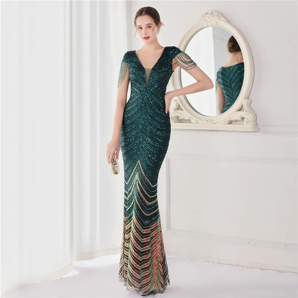 DEERVEADO Elegant V Neck Mermaid Evening Dress Long Luxury Beads Women Evening Party Dresses 2023 New Formal Dress 19085