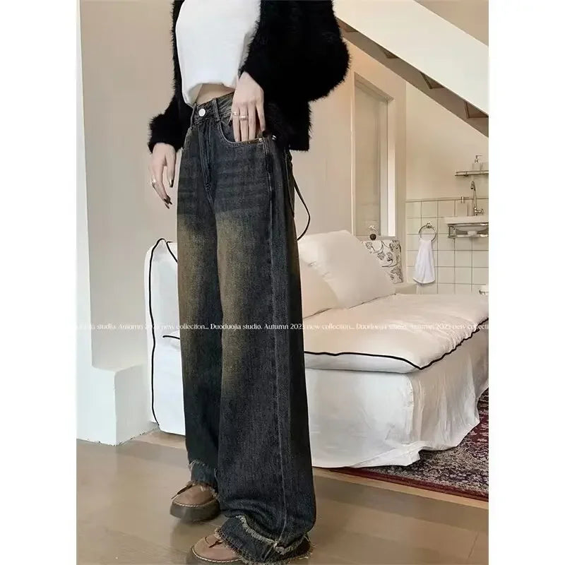 Vintage High-waisted Plus-size Jeans Women's Loose-fit Straight-leg Wide-leg Dragged Pants Autumn/winter Season