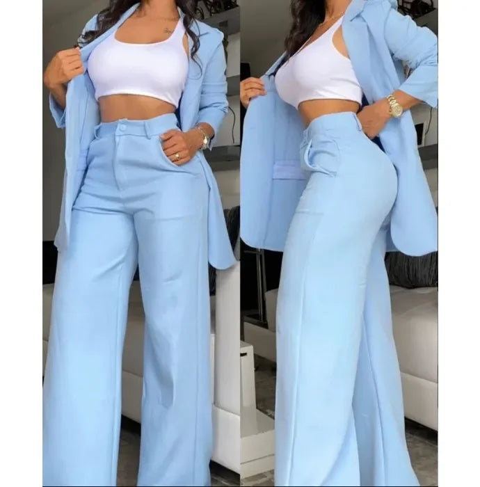 Elegant Autumn Women's Blazer and Pants Two Piece Set Female Outifits Fashion Notched Collar Coat & Pocket Design Trouser Suit