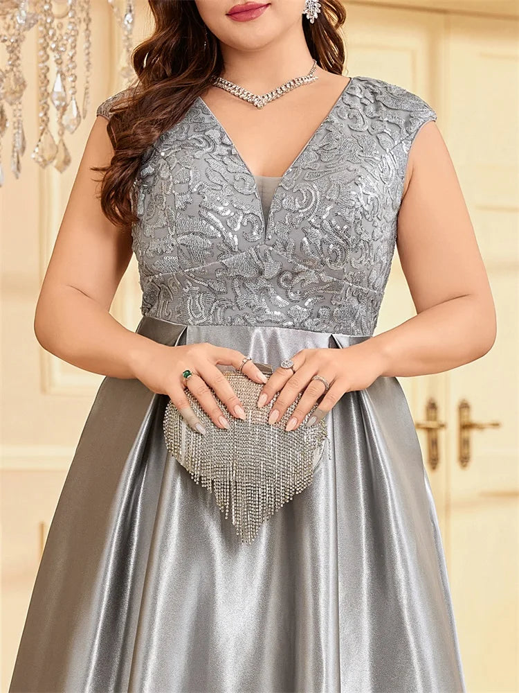 XUIBOL Plus Size Luxury Grey Satin V-Neck Evening Dress Elegant 2024 Women Wedding Party Prom Floor Lenght Cocktail Dress