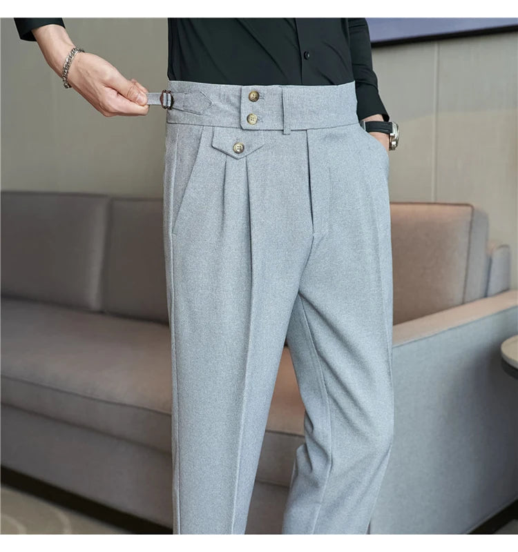 British Style Pants Men High Waist Belt Design Casual Slim Formal Office Dress Pant Men Social Wedding Party Dress Suit Trousers