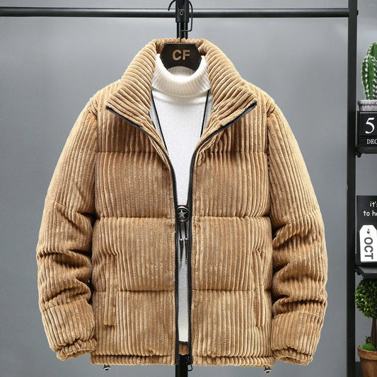 2025 New Men's Corduroy Parkas Thick Warm Cotton Padded Jackets Casual Stand Collar Solid Zipper Coats Man Winter Warm Outerwear