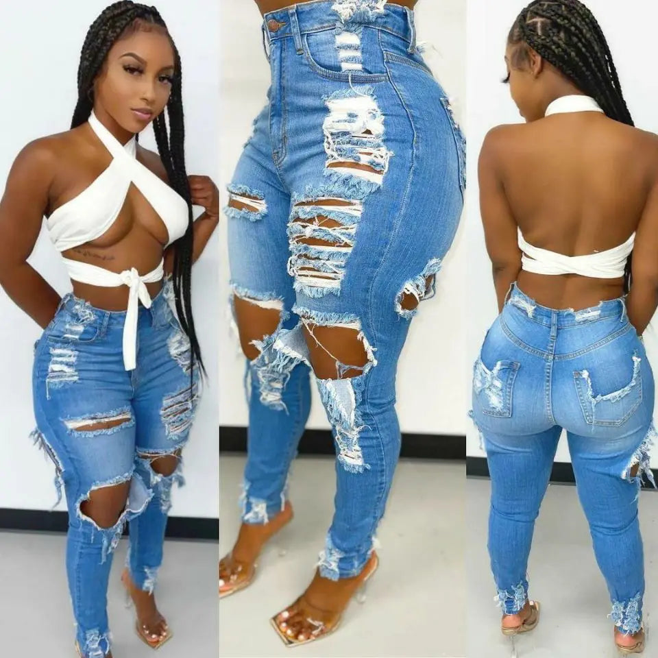 Women Denim Holes Jeans Washing Pencil Pants High Waist Zipper Fly Slim Fit Pockets Full Length Spring 2024 Streetwear