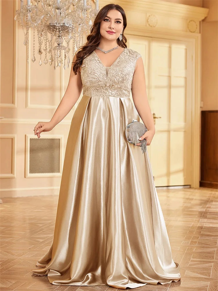 XUIBOL Plus Size Luxury Grey Satin V-Neck Evening Dress Elegant 2024 Women Wedding Party Prom Floor Lenght Cocktail Dress