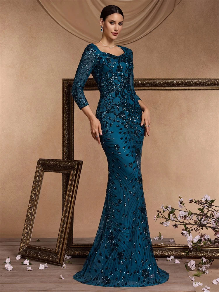 XUIBOL Luxury Blue Sequins Evening Dress Women 2024 Mermaid Formal V-neck Prom Elegant Long sleeve Wedding Party Cocktail Gowns