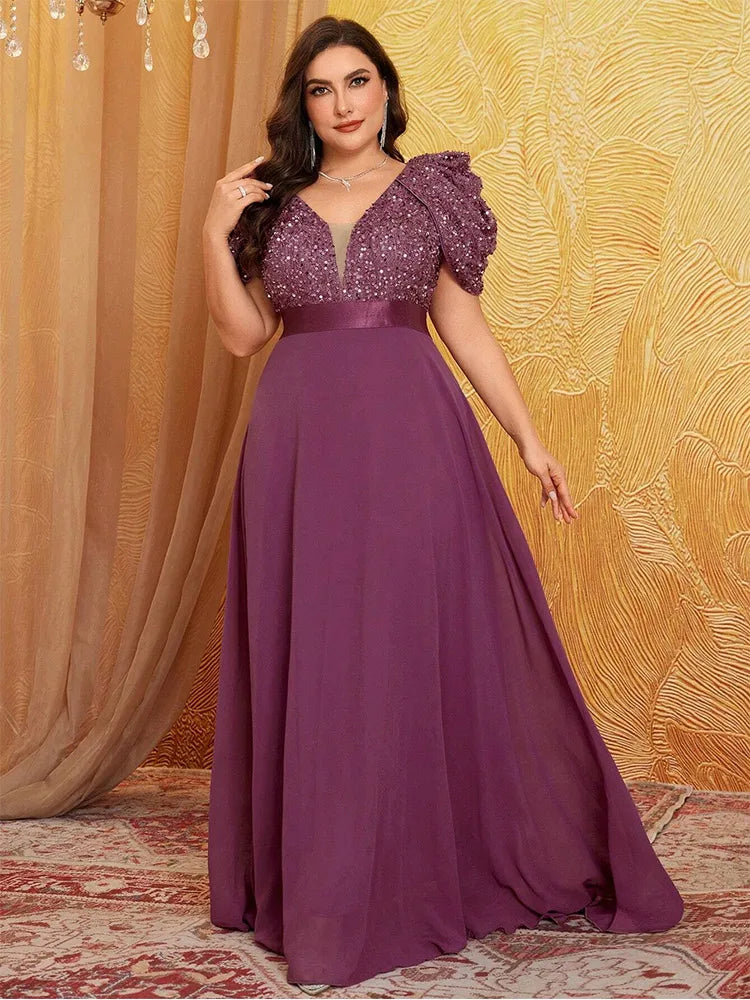 Plus Size V Neck Puff Sleeve Sparkling Evening Dress 4XL 5XL Big Size Lotus Pink Luxury Wedding Banquet Bridesmaid Prom Gown