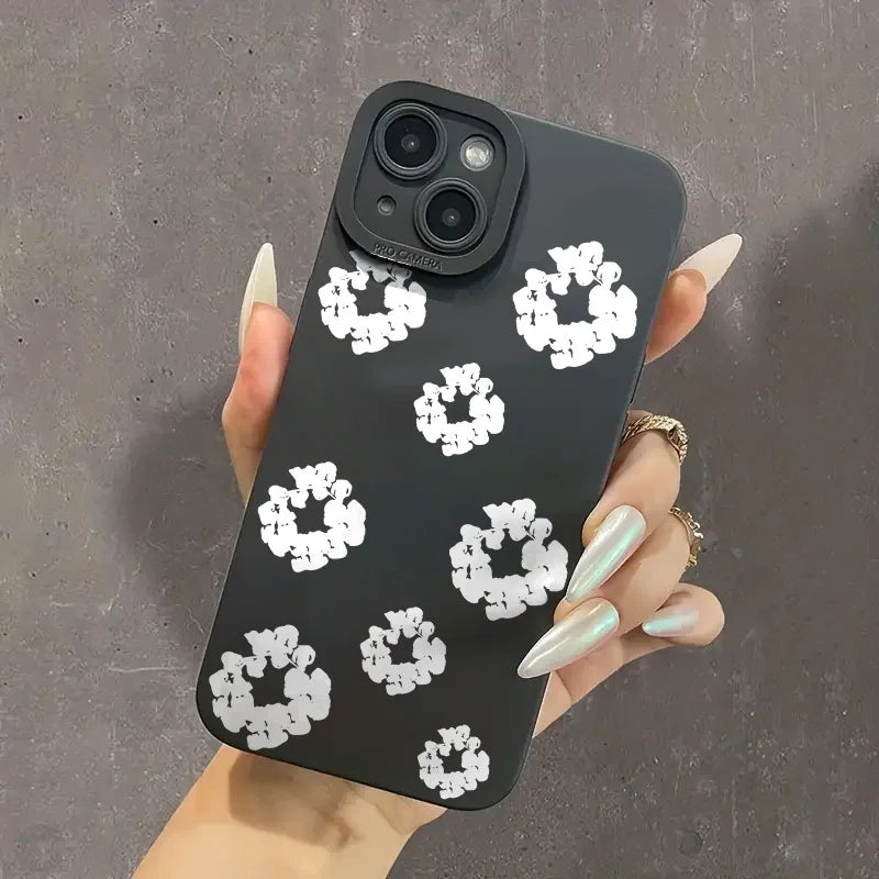 Case For iPhone 16 Cases iPhone 15 11 12 13 14 Pro Max X XS XR 7 8 14 15 Plus Black Stylish Flower Patterned Design Phone Cover