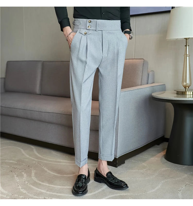 British Style Pants Men High Waist Belt Design Casual Slim Formal Office Dress Pant Men Social Wedding Party Dress Suit Trousers