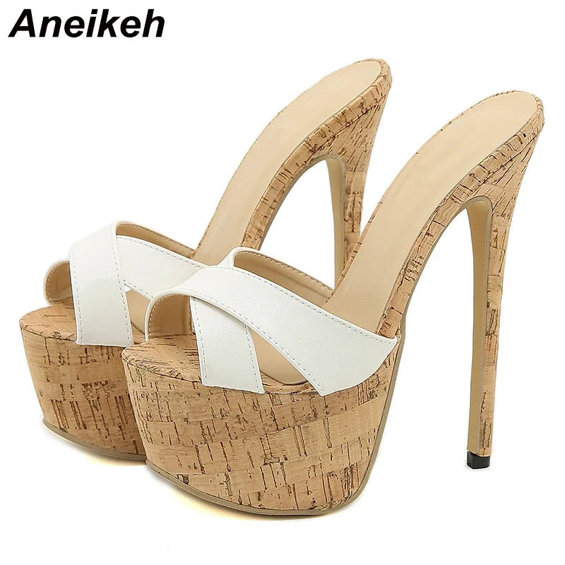 Aneikeh 2024 Summer Extreme Mules High Heels Women's Platform Sandals Shoes Ladies Slippers Slingback Peep-toe Slides Sandalias