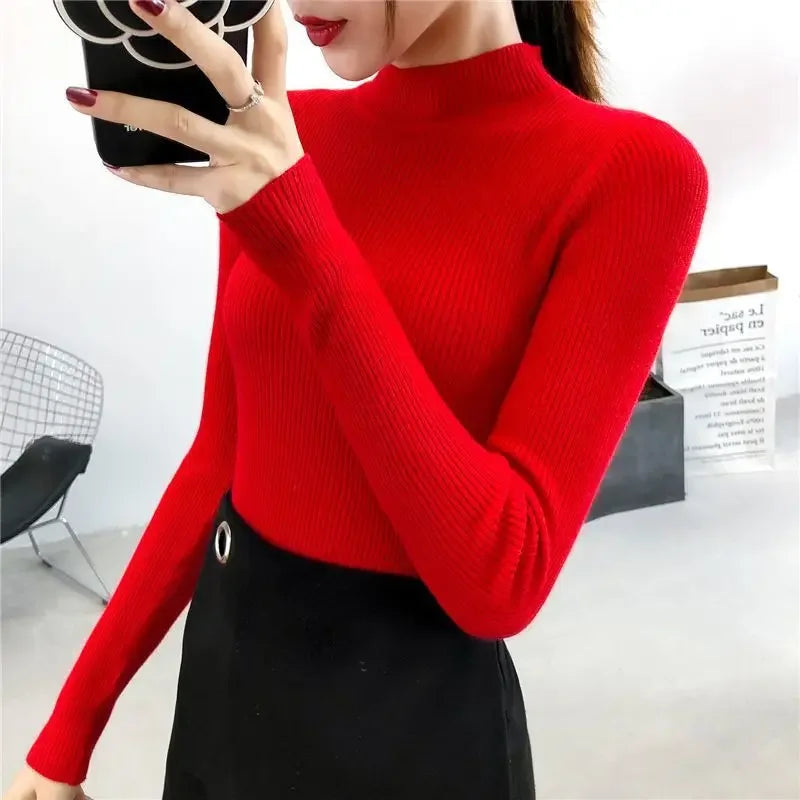 Red Knitted Sweater Women Pullovers Slim Fit Stand Collar Long Sleeve Spring Autumn Basic Sweaters Female Casual Stripes Tops