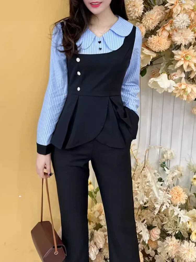 Fashion Ladies Set Office Clothes Autumn New Retro Slim Doll Collar Stripe Spliced Shirt Top Straight Pants 2-Piece Suit Women